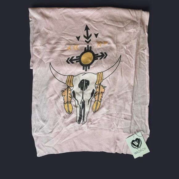 NWT Wildfox Couture Pink Angora Rabbit Hair Scarf with Boho Native Bull Skull - Picture 3 of 4